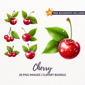 Cherry Clipart Bundle - 20 Fruit PNG Images, Sweet Red Cherry Graphics, Instant Download, Commercial Use