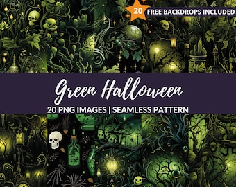 Green Halloween Seamless Pattern - 20 PNG Digital Paper Backgrounds for Spooky Creativity, Instant Download, Commercial Use