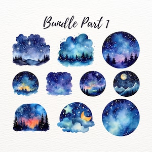 May include: A set of nine watercolor illustrations featuring starry night skies with clouds, trees, and moons. The illustrations are in shades of blue, purple, and white.