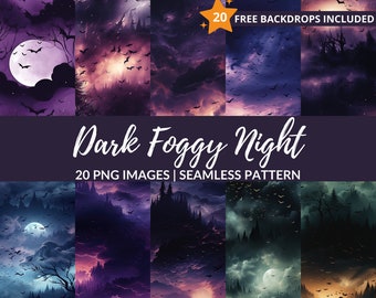 Donkere Mistige Nacht Naadloos Patroon - 20 Griezelige Halloween Digitale Papier Achtergronden, Directe Download, Commercieel Gebruik