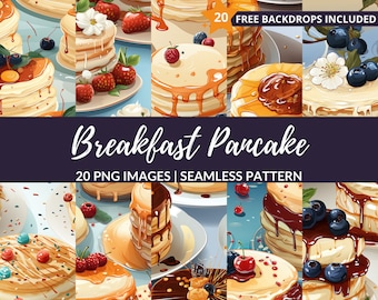 Breakfast Pancake Seamless Pattern  - 20 Fluffy Morning Delights for Creative Projects, Instant Download, Commercial Use