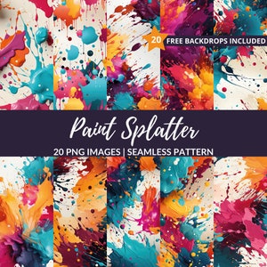 Paint Splatter Seamless Pattern - 20 PNG Backgrounds for Creative Projects, Instant Download, Commercial Use