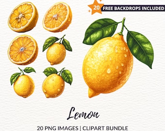 Lemon Clipart Bundle - 20 Citrus Fruit PNG Graphics, Instant Download, Commercial Use