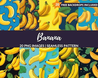 May include: A seamless pattern featuring yellow bananas with green leaves on a variety of backgrounds, including blue, yellow, black, and green. The text "Banana" and "20 PNG Images | Seamless Pattern" is displayed on a purple background.