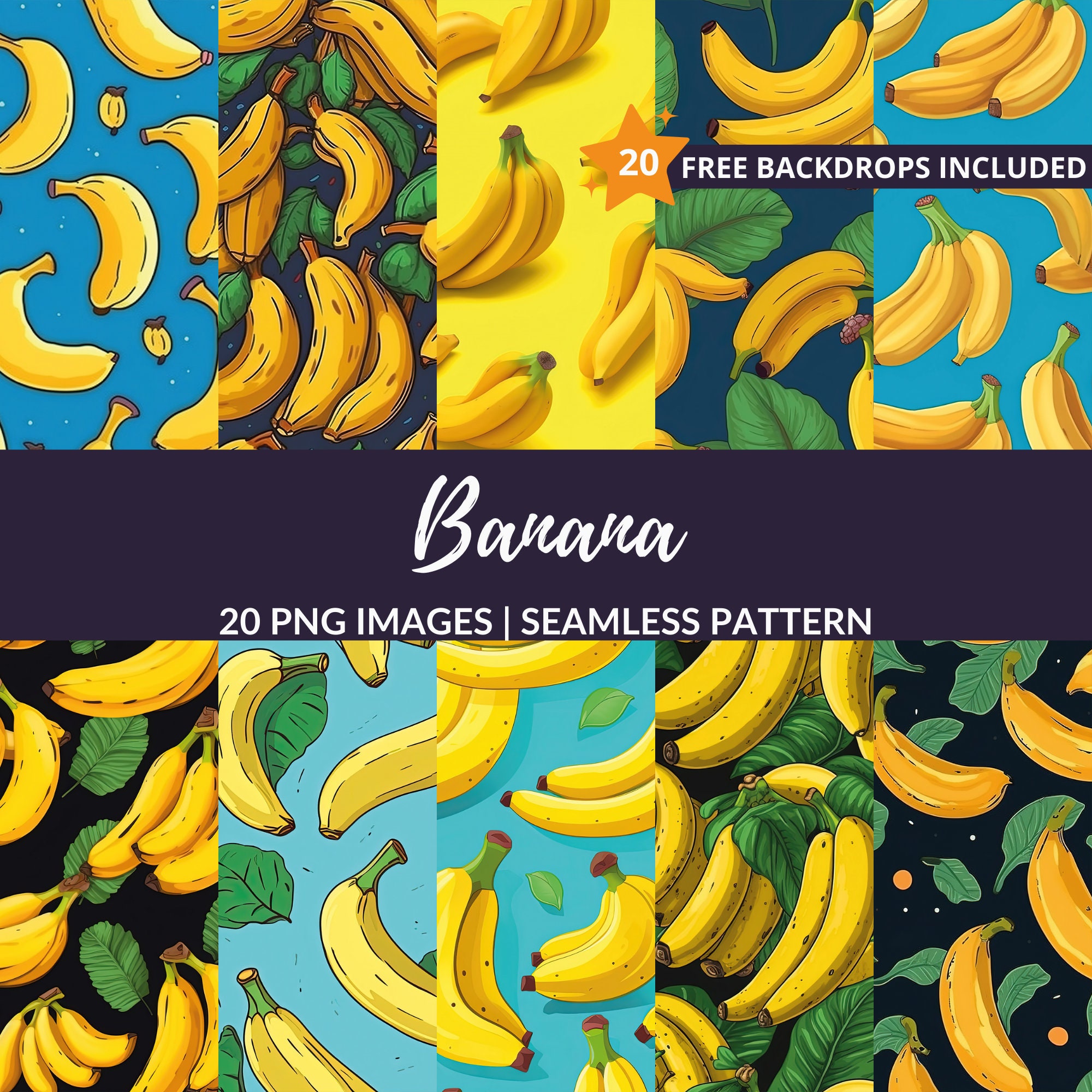 Banana Seamless Pattern - 20 Tropical Fruits Digital Paper, Instant ...