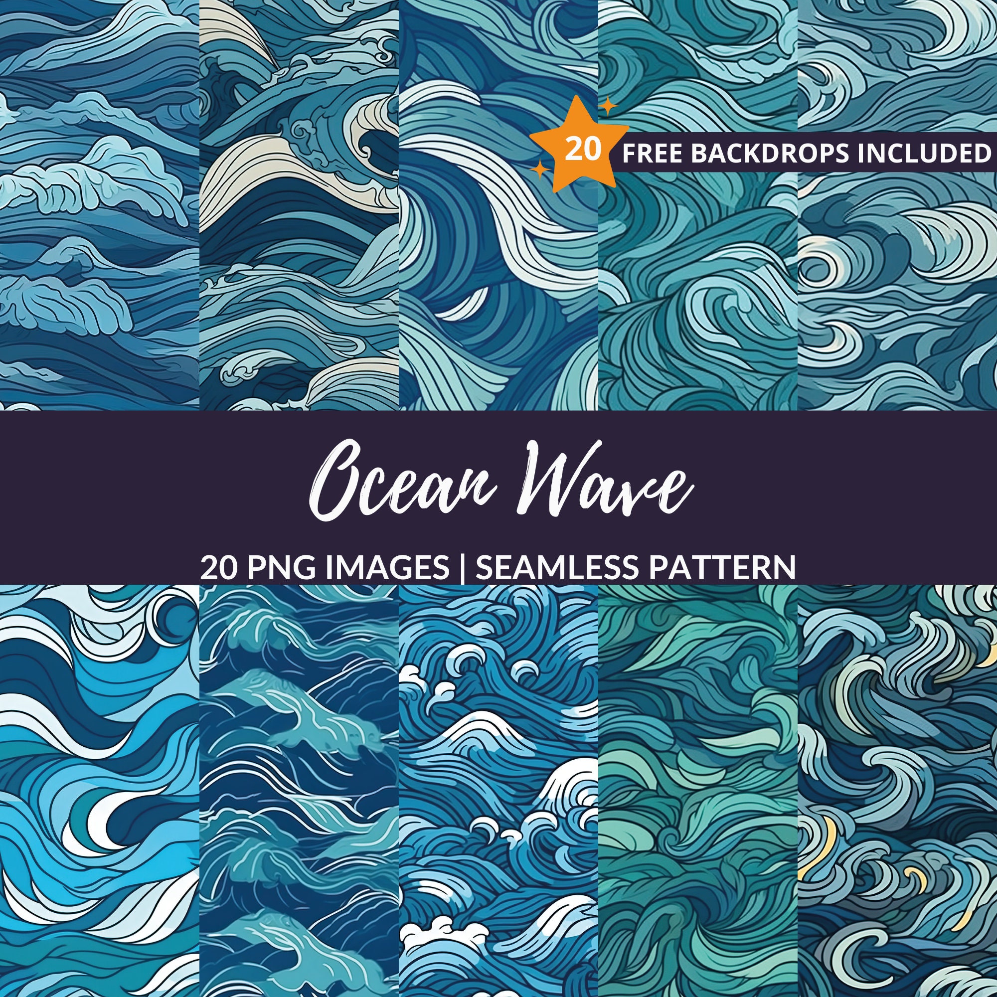 Ocean Wave Seamless Pattern - 20 Digital Scrapbook Paper, Instant ...