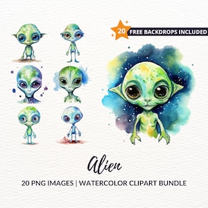 Watercolor Alien Clipart Bundle - 20 Cute Extraterrestrial Friends, Instant Download, Commercial Use