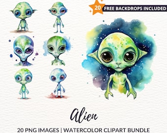Paquete de imágenes prediseñadas alienígenas de acuarela - 20 lindos amigos alienígenas, descarga instantánea, uso comercial