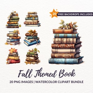 Watercolor Fall Book Clipart Bundle - 20 Cozy Autumn Reading Graphics, Thanksgiving Scrapbooking, Instant Download, Commercial Use