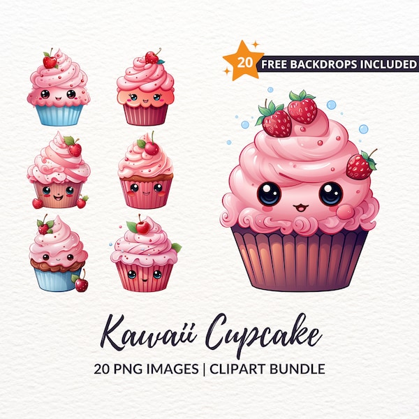 Kawaii Cupcake Clipart Bundle - 20 images de cupcakes mignons, ensemble de cliparts de boulangerie mignon, téléchargement instantané, utilisation commerciale