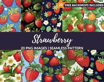 Patrón sin costuras de fresa - 20 fondos de frutas de verano para Scrapbooking, descarga instantánea, uso comercial