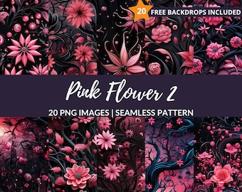 Pink Flower Seamless Pattern - 20 PNG Digital Paper for Scrapbooking, Instant Download, Commercial Use