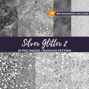 Silver Glitter Seamless Pattern - 20 Digital Backgrounds Scrapbook Paper, Instant Download, Commercial Use