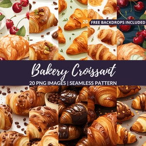 Patrón sin costuras de croissant de panadería - Papel de álbum de recortes digital para amantes de la comida, descarga instantánea, uso comercial