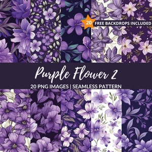 Paarse Bloem Naadloos Patroon - 20 PNG Digitaal Papier voor Scrapbooking, Directe Download, Commercieel Gebruik