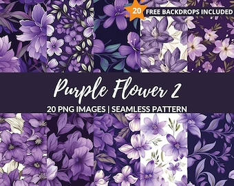 Paarse Bloem Naadloos Patroon - 20 PNG Digitaal Papier voor Scrapbooking, Directe Download, Commercieel Gebruik