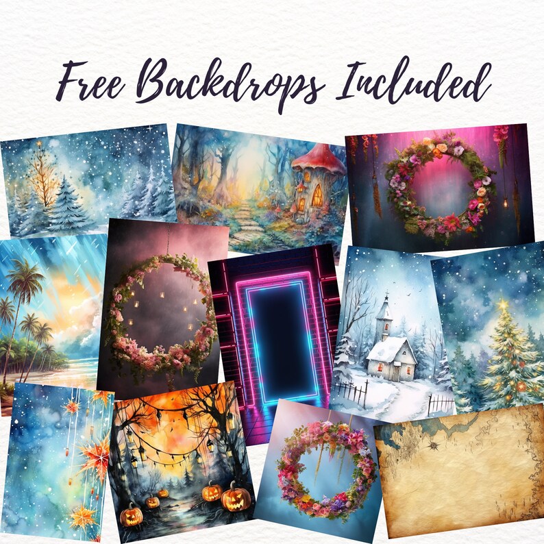May include: A collage of ten digital backdrops for photography. The backdrops include a winter wonderland scene, a forest with a fairy house, a neon doorway, a spooky forest with pumpkins, a tropical beach, a floral wreath, a vintage map, a starry night sky, a church in a snowy landscape, and a Christmas tree.