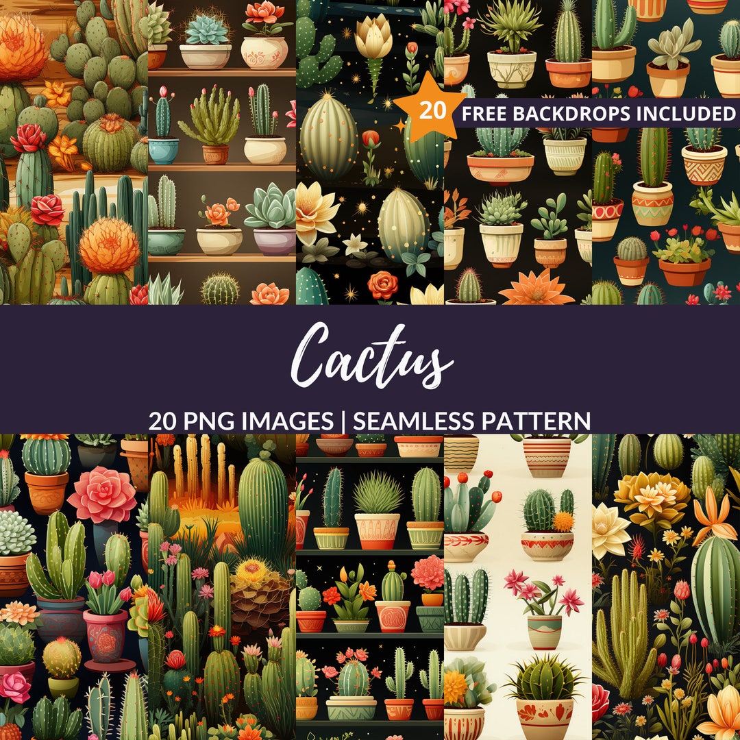Cactus Seamless Pattern - 20 PNG Digital Paper for Scrapbooking ...
