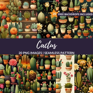 Cactus Naadloos Patroon - 20 PNG Digitaal Papier voor Scrapbooking, Directe Download, Commercieel Gebruik