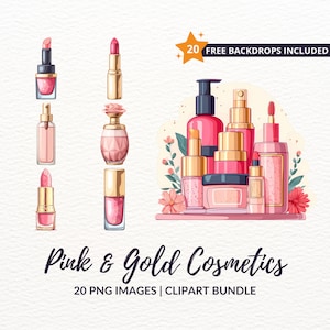 Pink & Gold Kosmetik Clipart Bundle - 20 Make-up, Selbstpflege PNG-Bilder, sofortiger Download, kommerzielle Nutzung