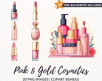 Pink & Gold Cosmetics Clipart Bundle - 20 Maquillage, Self Care PNG Images, Téléchargement instantané, Utilisation commerciale