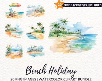 Watercolor Beach Holiday Clipart Bundle - 20 Summer Vacation PNG Graphics, Instant Download, Commercial Use