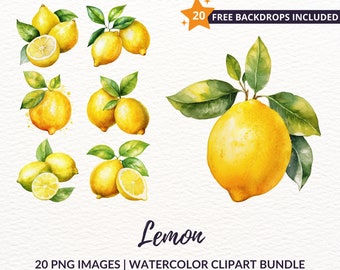 Watercolor Lemon Clipart Bundle - 20 Citrus Fruit PNG Graphics, Instant Download, Commercial Use