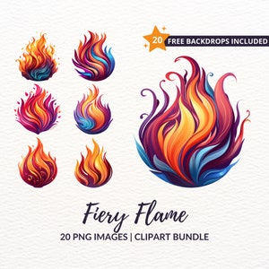 Pacchetto clipart Fiery Flame - 20 immagini PNG di fuoco ardente per la progettazione digitale, download istantaneo, uso commerciale