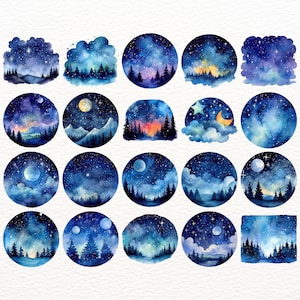 May include: A set of 20 watercolor illustrations featuring a variety of night sky scenes. Each illustration depicts a dark blue sky with white stars, a moon, and a forest silhouette. Some illustrations also include clouds, mountains, and other celestial elements.