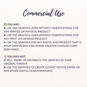 May include: A checklist of commercial use guidelines for digital graphics. The checklist outlines what is permitted and prohibited for commercial use of the graphics. The permitted uses include using the graphics for printed or physical products, print-on-demand products, and digital end products with creative changes. The prohibited uses include selling, sharing, or distributing the graphics in their original format and using the graphics to create clipart, digital paper, or any other digital design resource.