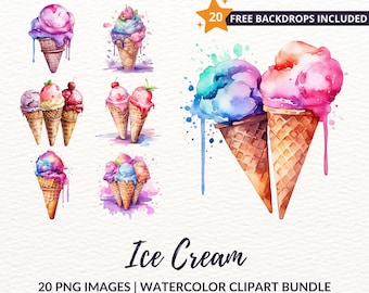 Watercolor Ice Cream Clipart Bundle - 20 Summer Dessert PNG Images, Pastel Ice Cream, Instant Download, Commercial Use