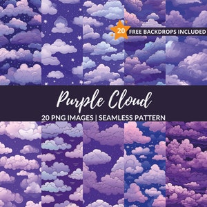 Purple Cloud Seamless Pattern - 20 Digital Paper, Night Sky Background, Instant Download, Commercial Use