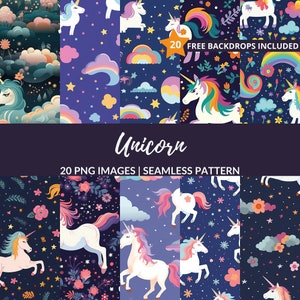 Unicorn Seamless Pattern - 20 Magical Unicorn Backgrounds, Instant Download, Commercial Use