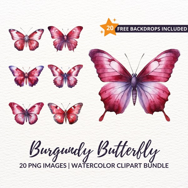 Watercolor Burgundy Butterfly Clipart Bundle - 20 PNG Scrapbooking Clip Art Set, Instant Download, Commercial Use