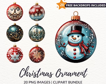 Christmas Ornament Clipart Bundle - 20 Holiday Bauble PNG Images, Retro Christmas, Instant Download, Commercial Use