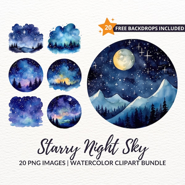 Watercolor Starry Night Sky Clipart Bundle - 20 Celestial and Mystical PNG Images, Instant Download, Commercial Use