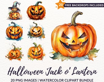 Aquarell Halloween Jack o'Lantern Clipart Bundle - 20 gruselige und festliche PNG-Grafiken, sofortiger Download, kommerzielle Nutzung