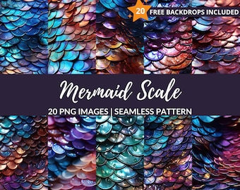May include: A digital collage of 20 seamless iridescent mermaid scale patterns. The scales are arranged in a repeating pattern and have a variety of colors, including blue, green, purple, and gold. The text "Mermaid Scale" and "20 PNG Images | Seamless Pattern" is displayed in the center of the image.
