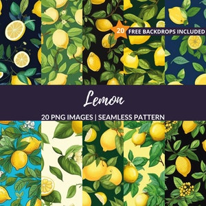Lemon Seamless Pattern - 20 PNG Digital Paper Backgrounds for Scrapbooking, Instant Download, Commercial Use