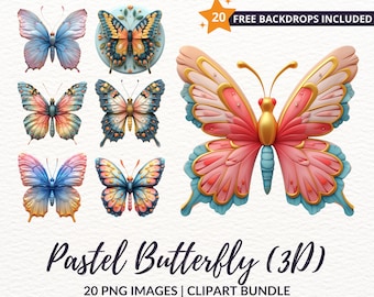 May include: A set of 20 digital images featuring pastel-coloured 3D butterflies with gold accents. The butterflies are in various poses and have different wing patterns. The images are perfect for crafting, scrapbooking, and digital design projects.