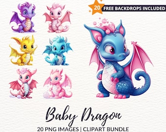 Baby Dragon Clipart Bundle - 20 Cute Fantasy Illustrations, Instant Download, Commercial Use