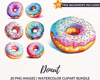 Watercolor Donut Clipart Bundle - 20 Party Dessert PNG Graphics, Instant Download, Commercial Use