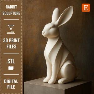 May include: A cream-colored rabbit sculpture with closed eyes and long ears. The sculpture has a modern design with a spiral pattern on its body. Text on the left side reads "RABBIT SCULPTURE", "3D PRINT FILES", ".STL", and "DIGITAL FILE".