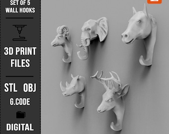 Animal Heads SET OF 5 Wall Hooks 3D Printing STL File, Animal Hangers 3D Model, Wall Mounted Home Decor 3D Print Model