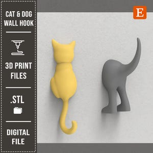 May include: A yellow cat-shaped wall hook and a grey dog-shaped wall hook. The cat hook is facing away, with a curved tail. The dog hook is in a standing position with its tail curved upwards. Text on the left side reads "CAT & DOG WALL HOOK", "3D PRINT FILES", ".STL", and "DIGITAL FILE".
