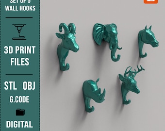 Set of 5 Animal Heads Wall Hooks 3D Printing STL File – Animal Hangers 3D Model for Wall Mounted Home Decor