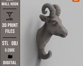 Goat Wall Hook 3D Printable Model, STL Files for 3D Printing, Wall Sculpture 3D Model, Key Coat Hat Hanger STL Files