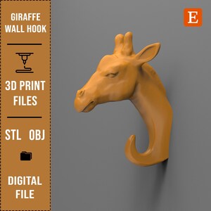 May include: A 3D printed giraffe wall hook in a light brown color. The hook is shaped like a giraffe's head and neck, with the neck forming a hook. The hook is mounted on a gray wall. The text "Giraffe Wall Hook" is visible in the image.
