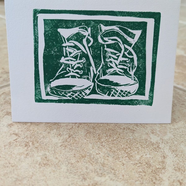 Handmade Old Shoes Block Print Card 4 1/4" by 5 1/2"