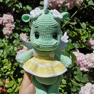 Soft toy dragon in dress, amigurumi toy